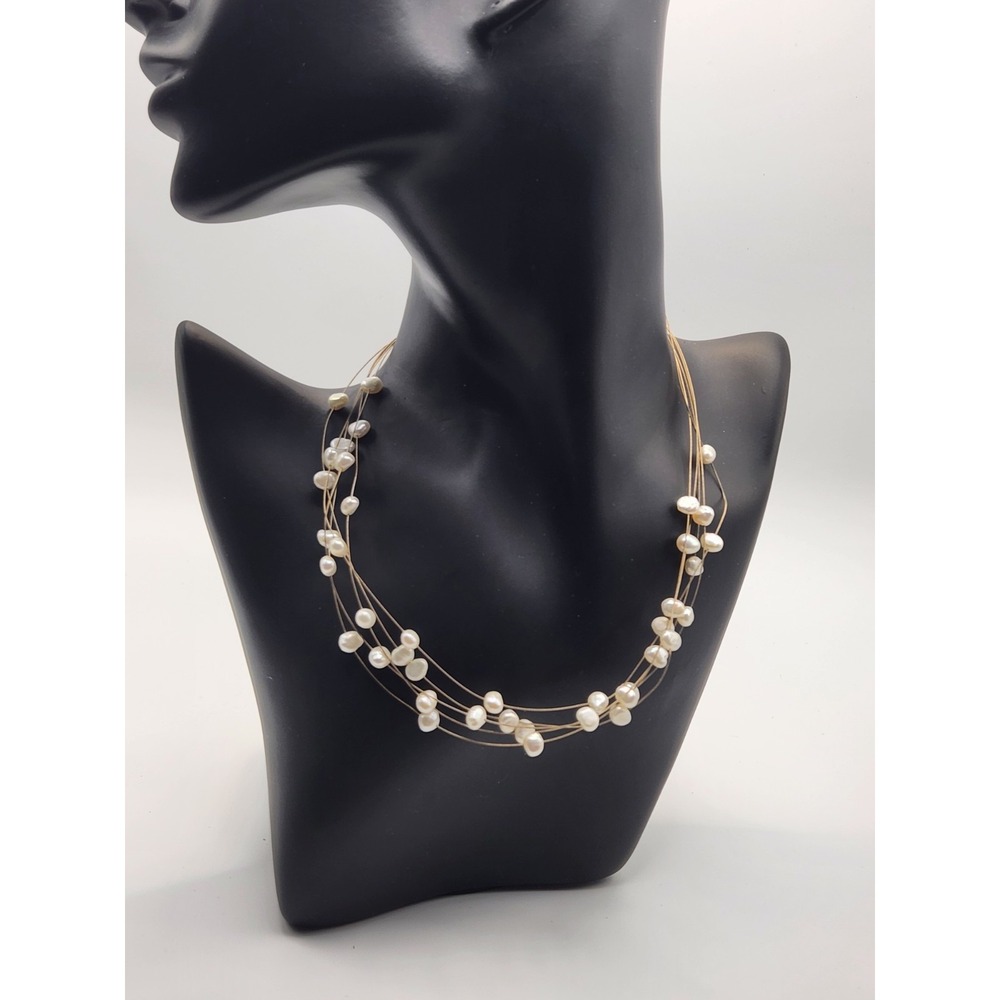 Freshwater Pearl Multi-Strand Illusion Floating Necklace Cream White 16‎ Inch